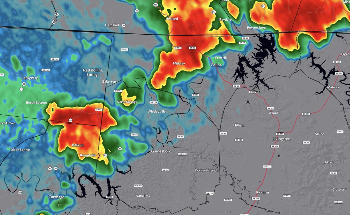 CumberlandWx's tweet image. 10:04 p.m. - Scattered storms have developed across northwestern portions of our region from Pleasant Shade to Dale Hollow Lake. We'll likely see additional storms pop up across the Upper Cumberland overnight. These cells are slow movers capable of dumping two inches of rain per…