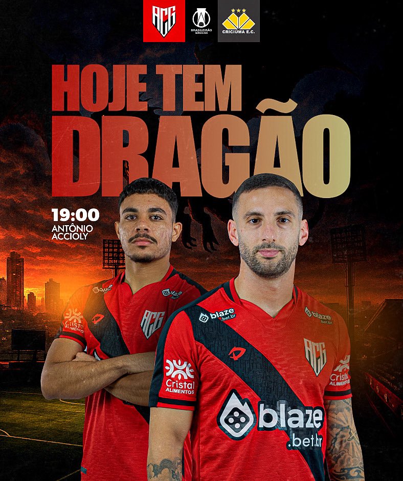 ACGOficial's tweet image. O Atlético Goianiense entra em campo nesta sexta-feira para enfrentar o Criciúma em duelo válido pela 17ª rodada do Brasileirão Série B. A bola rola às 19h00 no Estádio Antônio Accioly. Com a camisa do Dragão, o torcedor paga R$10 no ingresso.