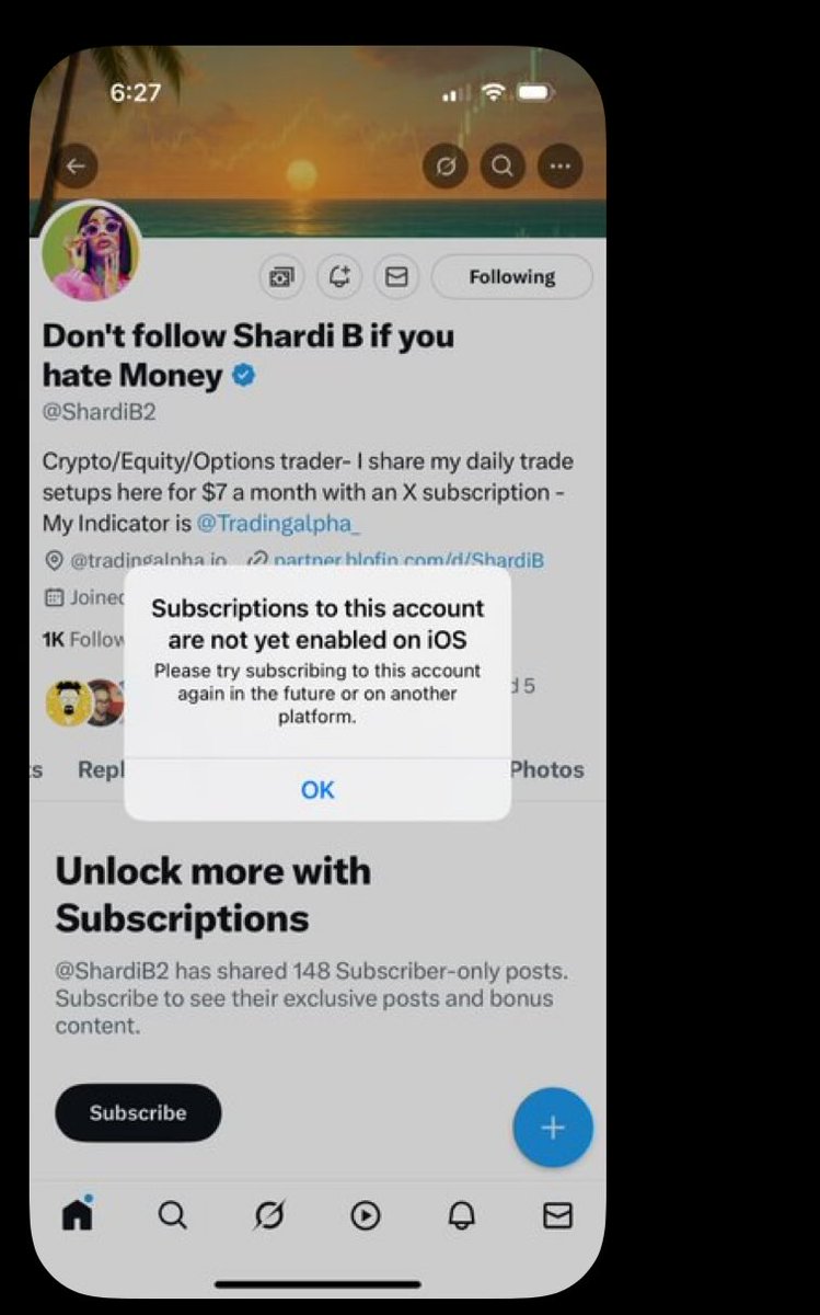 ShardiB2's tweet image. I must get this question 100x in DM’s about subscribing.
If you are getting this message, you are probably on an iPhone. If you are on an iPhone, you must log into X by going through Safari or chrome. Once you login through the web browser, you will see the subscribe button.…