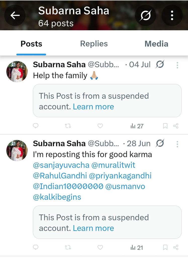 Beware of fabricated emotional stories asking for money. These scammers exploit kind people, and the real needy ones suffer because of them.

<a href="/SaloniDhamijaa/">Saloni Dhamijaa Anu</a> &amp; <a href="/SubbuSaha_/">Subarna Saha</a> are fake accounts operated by the same scammer.
<a href="/XCorpIndia/">X India</a> <a href="/X/">X</a>