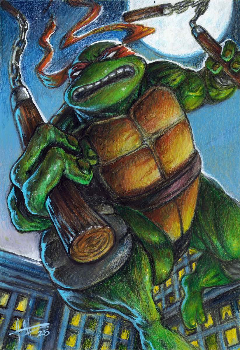 Jinja_Ninja_78's tweet image. Thanks to everyone who stopped by the live art stream today! I really appreciate you checking out the show. Here's the Michelangelo piece that I finished during the stream. I used colored pencils, Posca pens and gouache and drew this on colored paper. Enjoy the art and…