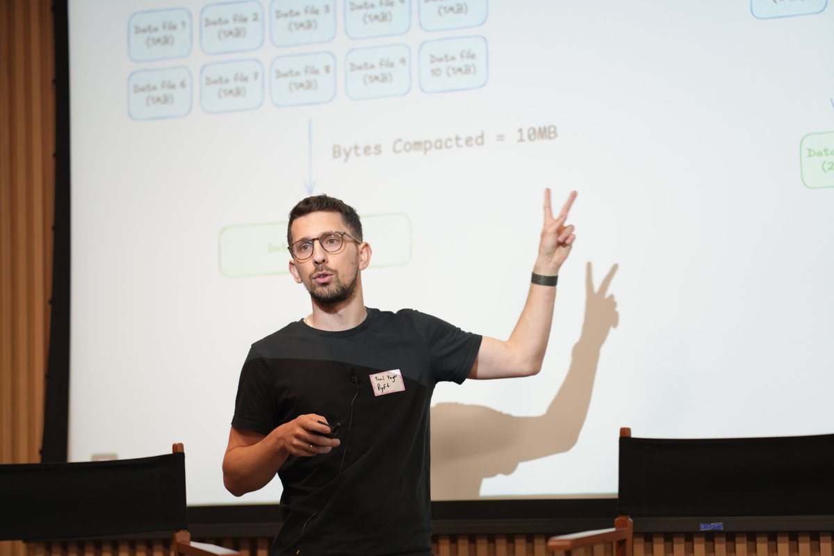Yuval Yogev (<a href="/yogevyuval/">Yuval Yogev</a>) from <a href="/ryftdata/">Ryft</a> dug into the real challenges of streaming data into Apache Iceberg. He covered small files, compaction, late-arriving data, and how to keep high-throughput pipelines running smooth without wrecking performance.

Thanks to everyone who came