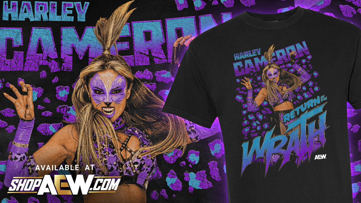 ShopAEW's tweet image. Feel the Return of THE WRATH!
@harleycameron_ is BACK and we've got a brand-new design to celebrate 😼
Get this new Harley Cameron shirt on ShopAEW.com right now!