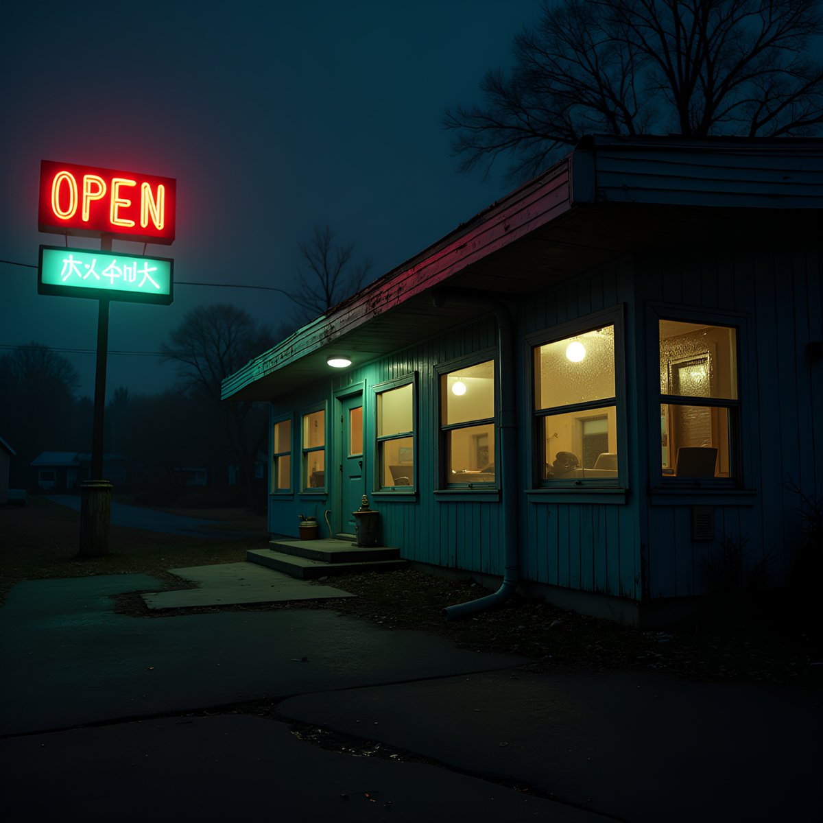 PromptSin's tweet image. Cozy vibes inside, even in the dark 🌙✨ #NightLife #OpenForBusiness