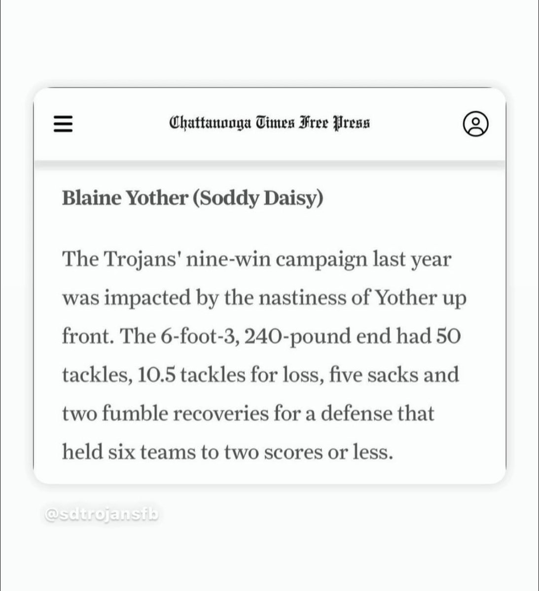 Blaine Yother (@blaine_yother) on Twitter photo Glad to have been put on Chattanoogas top defensive line prospects ! Thank you for the shout out Chattanooga times free press!
Go Trojans!
<a href="/SDTrojansFB/">Soddy Daisy Trojan Football</a>
<a href="/jasmith6445/">Jesse Smith</a>
<a href="/josh_owensby/">Josh Owensby</a>
<a href="/calebcollier1/">Caleb Collier</a>
<a href="/SOTGsmoke/">Smokey Putnam</a>
<a href="/CSmithScout/">Chris Smith</a>
<a href="/KyleHinch/">Kyle Hinch</a> Glad to have been put on Chattanoogas top defensive line prospects ! Thank you for the shout out Chattanooga times free press!
Go Trojans!
<a href="/SDTrojansFB/">Soddy Daisy Trojan Football</a>
<a href="/jasmith6445/">Jesse Smith</a>
<a href="/josh_owensby/">Josh Owensby</a>
<a href="/calebcollier1/">Caleb Collier</a>
<a href="/SOTGsmoke/">Smokey Putnam</a>
<a href="/CSmithScout/">Chris Smith</a>
<a href="/KyleHinch/">Kyle Hinch</a>