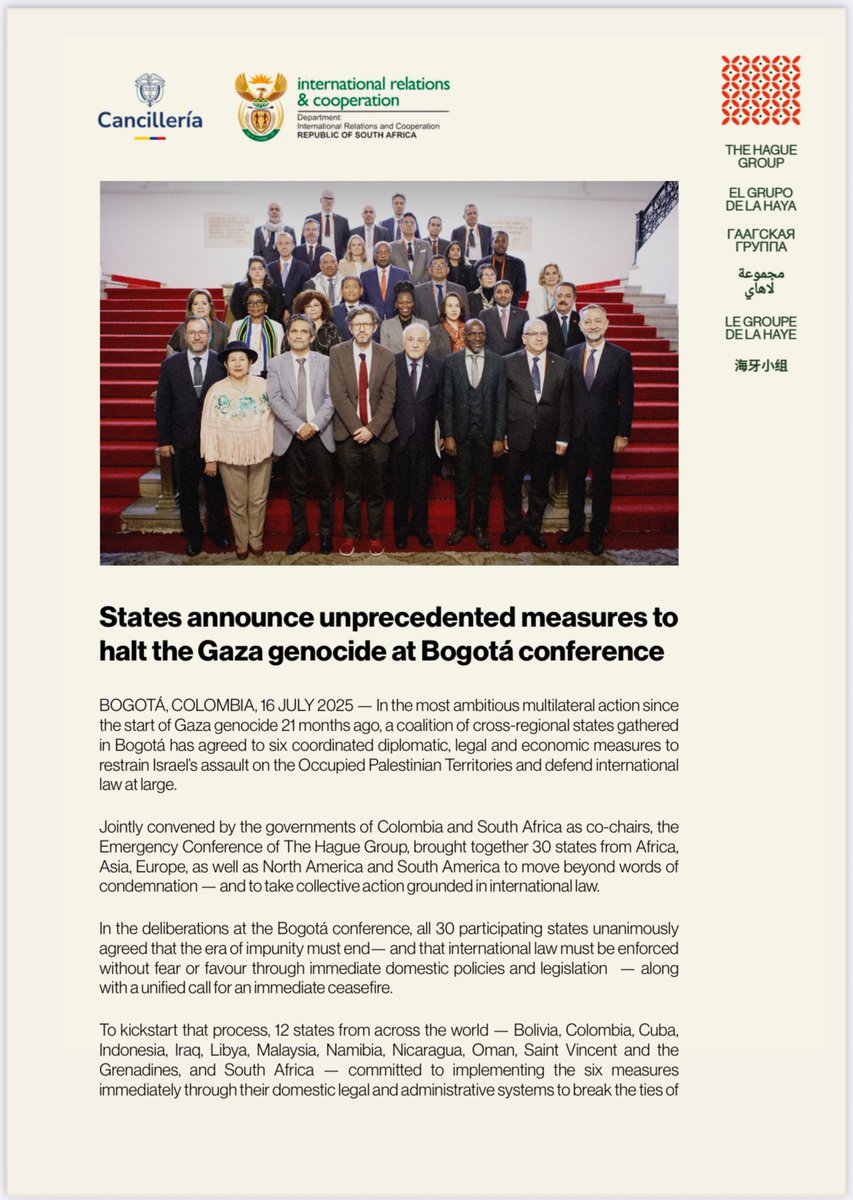 AbbyMartin's tweet image. From The Hague Group in Bogotá, 12 nations adopted emergency measures to stop the Gaza genocide:
– Full arms embargo on Israel
– End public contracts tied to the occupation
– Prosecute Israeli war criminals
The Global South is building a new world. Every country must now choose:…