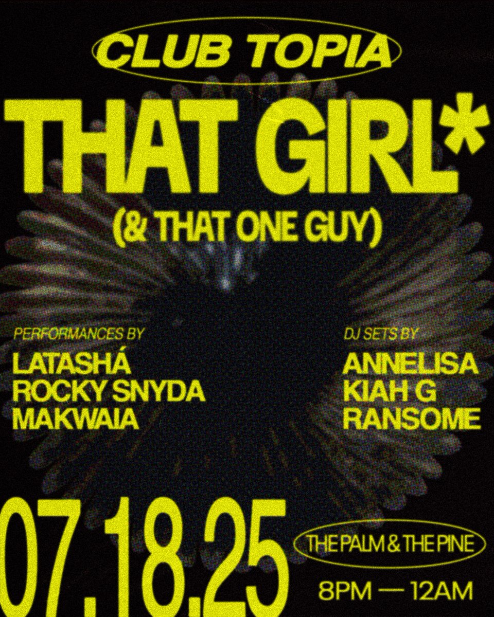 L.A. is going to be perfect tomorrow. 
#CLUBTOPIA is bringing it back. 
do not miss it. 

performances from your faves: 
<a href="/notannelisa/">annelisa</a> 
<a href="/makwaia_/">Mariana Makwaia</a> 
<a href="/rockysnyda/">lil tangerine🍊</a> 
<a href="/CallMeLatasha/">LATASHÁ</a> 
and more. 

partiful.com/e/kYQOU8bAV0eo…