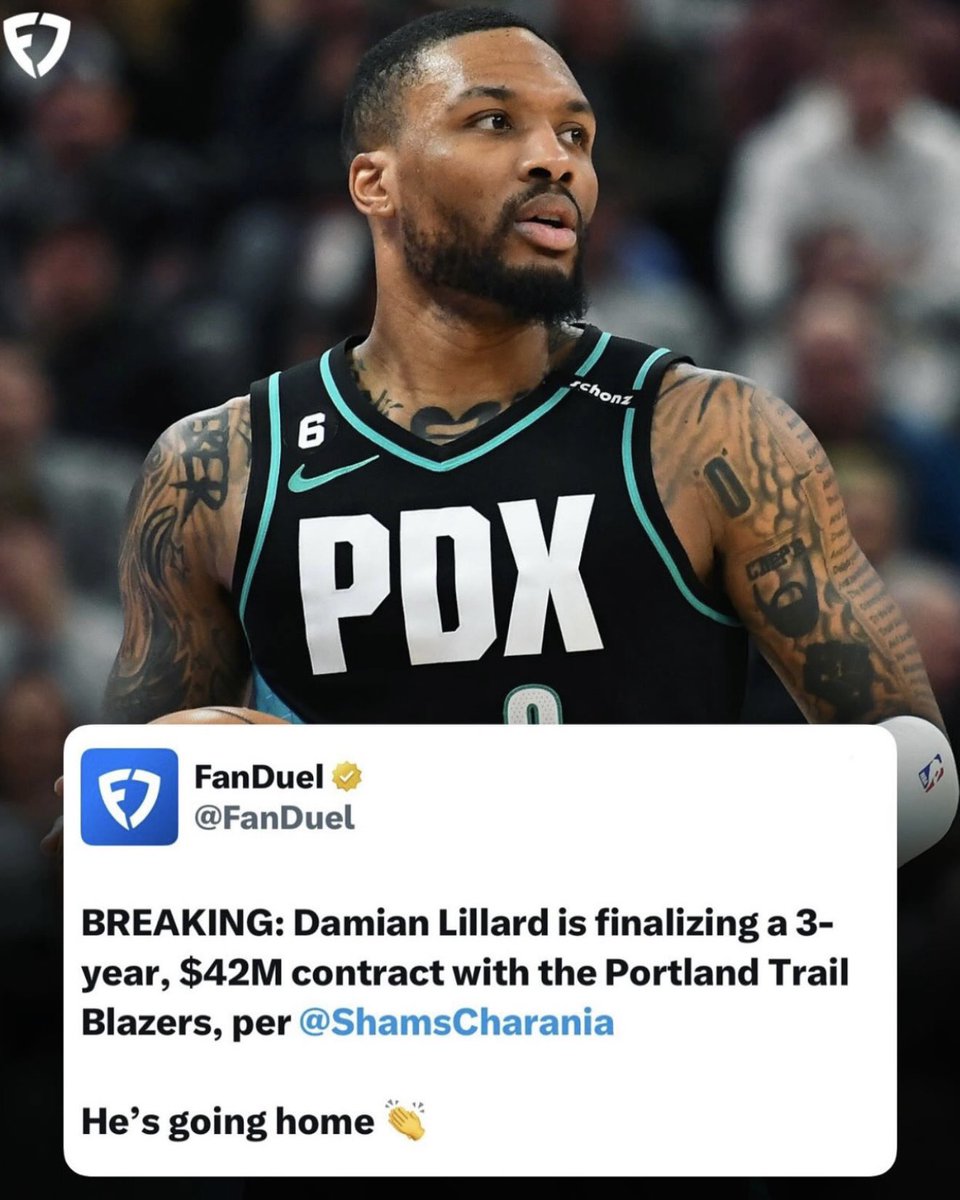 RunItBackFDTV's tweet image. PORTLAND IS BACK ON DAME TIME ⏰🔥💯
For the record, Chandler Parsons’ offseason predictions have been nothing short of elite 👀
✅ Damian Lillard goes back to the Blazers
✅ Kevin Durant heads to Houston
✅ Devin Booker signs extension in Phoenix