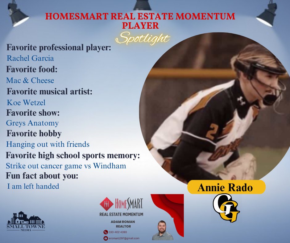 SmallTowneMedia's tweet image. HomeSmart Real Estate Momentum Spotlight:
Annie Rado / 2026 - Garfield G-MEN
Contact Adam Roman for your home selling & buying needs at 330-402-4390 or aroman1297@gmail.com