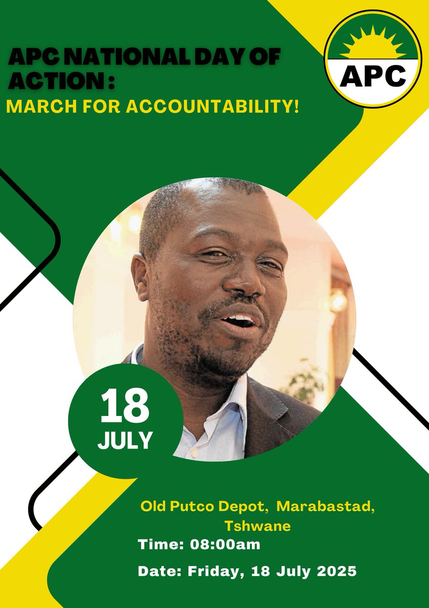 🌟🟢NATIONAL MARCH FOR ACCOUNTABILITY &amp; PEOPLE'S POWER🟢🌟
📍Assembly Point: Old Putco Depot, Marabastad, Tshwane

The African People’s Convention (APC), in collaboration with progressive forces and civic formations, will lead a mass democratic march to the Union Buildings