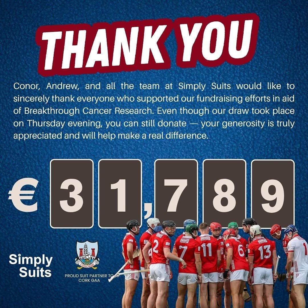 SimplySuits's tweet image. We are overwhelmed by the support we have received again this year.   Words could never express our gratitude.  Along with our thanks to each and every person who made a donation, we would like to thank @officialcorkgaa and @BreakthroCancer for their help.