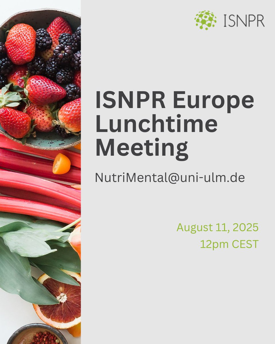 _ISNPR's tweet image. 📣 ISNPR Europe Lunchtime Meeting

This meeting provides a collaborative space for European researchers to connect, innovate &amp;amp; strategize for future projects,

🗓️ August 11, 2025
🕛 11am WEST | 12pm CEST | 1pm EEST

If you’re interested, email NutriMental@uni-ulm.de