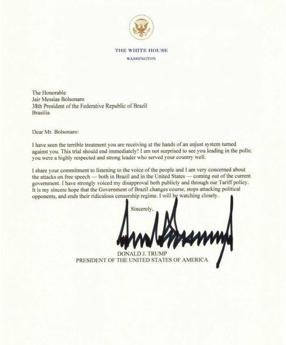 General Pazuello (@pazuellogeneral) on Twitter photo 🚨AGORA! Presidente Americano Donald Trump publica, mais uma vez, uma carta se referindo ao lamentável cenário de perseguição política com o PR <a href="/jairbolsonaro/">Jair M. Bolsonaro</a>. 🇧🇷
“A CASA BRANCA
WASHINGTON
Ao Honorável
Jair Messias Bolsonaro
38º Presidente da República Federativa do Brasil 🚨AGORA! Presidente Americano Donald Trump publica, mais uma vez, uma carta se referindo ao lamentável cenário de perseguição política com o PR <a href="/jairbolsonaro/">Jair M. Bolsonaro</a>. 🇧🇷
“A CASA BRANCA
WASHINGTON
Ao Honorável
Jair Messias Bolsonaro
38º Presidente da República Federativa do Brasil