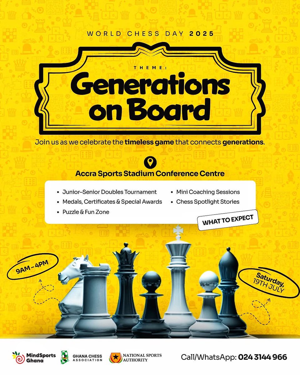 ghanachess's tweet image. Celebrate World Chess Day with MindSports Ghana 

Registration 200 cedis 
📍Accra Sports Stadium

🪝2000.+ cedis in Prizes for Seniors 
🔱Medals, Certificates + souvenirs for juniors 

Lunch &amp;amp; snacks assured

Cutting of cake to celebrate the occasion of World Chess Day 🎂