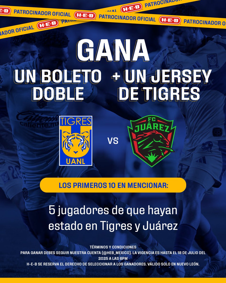 HEB_mexico's tweet photo. Listos para el primer juego de @TigrOficial de la Apertura 2025 🔥🐯
Los primeros 10 en contestar correctamente se llevan un pase doble y una Jersey!! https://t.co/S6dPm2NtR4