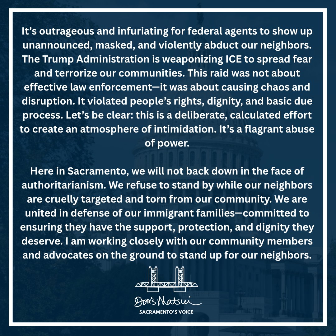 DorisMatsui's tweet image. Today in Sacramento, ICE conducted a raid at the Home Depot off Florin Rd. They arrived unannounced, masked, and violently abducted our neighbors. This isn’t law enforcement, it’s weaponizing ICE to instill fear and chaos in our community.
My full statement: