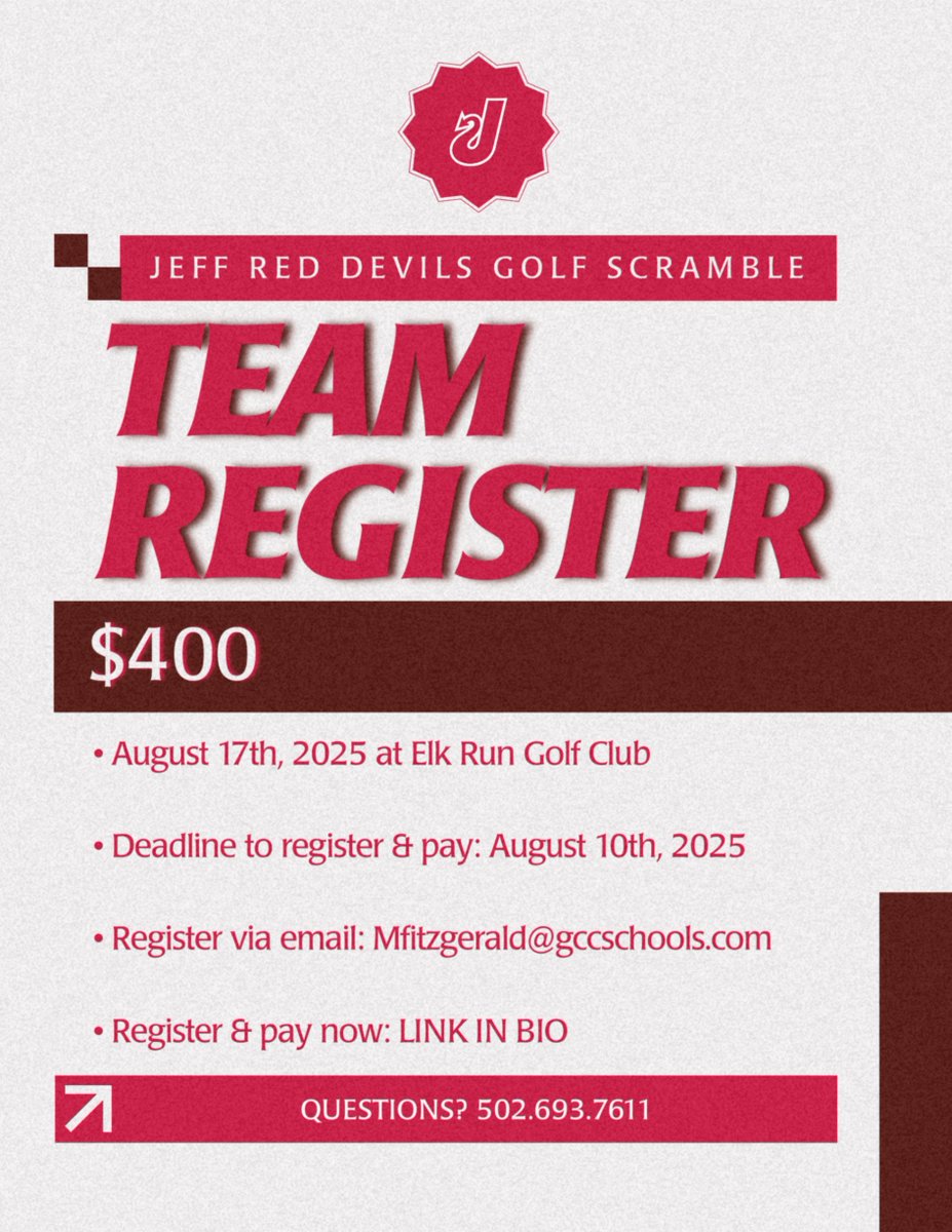 Jeff Red Devil ATH DEPT (@jeffhs_ad) on Twitter photo π SECURE YOUR SPOT NOW β OR LATER π€·ββοΈ
ποΈ August 17, 2025 β’ Elk Run Golf Club
β οΈ DEADLINE TO REGISTER/PAY: August 10th, 2025
π° $400 (foursome) β’ $100 (single)
π§ Contact Mfitzgerald@gccschools.com with questions! π SECURE YOUR SPOT NOW β OR LATER π€·ββοΈ
ποΈ August 17, 2025 β’ Elk Run Golf Club
β οΈ DEADLINE TO REGISTER/PAY: August 10th, 2025
π° $400 (foursome) β’ $100 (single)
π§ Contact Mfitzgerald@gccschools.com with questions!