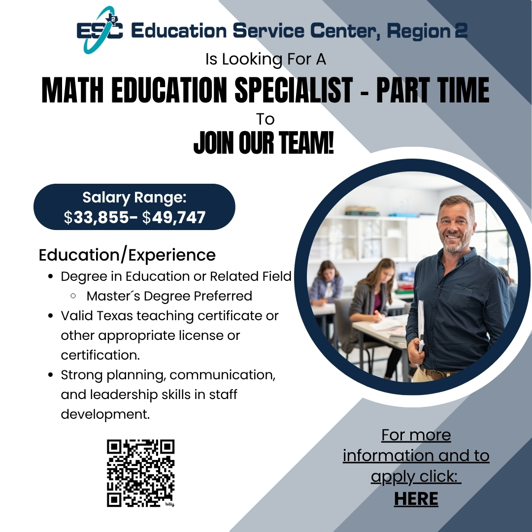 ESC2 is seeking  Math Education Specialists to join our team! Whether you're retired or looking for a new opportunity, we want to hear from you!
🔗 Full-Time: bit.ly/MathESC2
🔗 Part-Time: bit.ly/MathESC2PT
#ESC2Careers