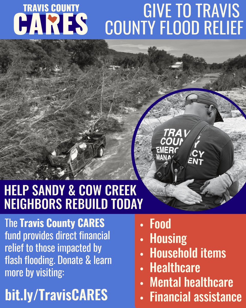 TravisCoJudge's tweet image. The floodwaters may be gone, but the road to recovery is just getting started.
Your donation to Travis County CARES helps families in Sandy Creek get back on their feet by providing shelter, food, clothing, and so much more.
Give to help our neighbors 👉bit.ly/TravisCares