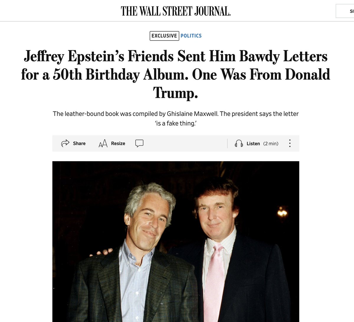 kenklippenstein's tweet photo. Trump sent Jeffrey Epstein a birthday letter with a drawing of a naked woman on it and a note reading, "may every day be another wonderful secret," the Wall Street Journal just reported.

Trump denies this ever happened, saying: "I never wrote a picture in my life." https://t.co/HXb7pOmyGH