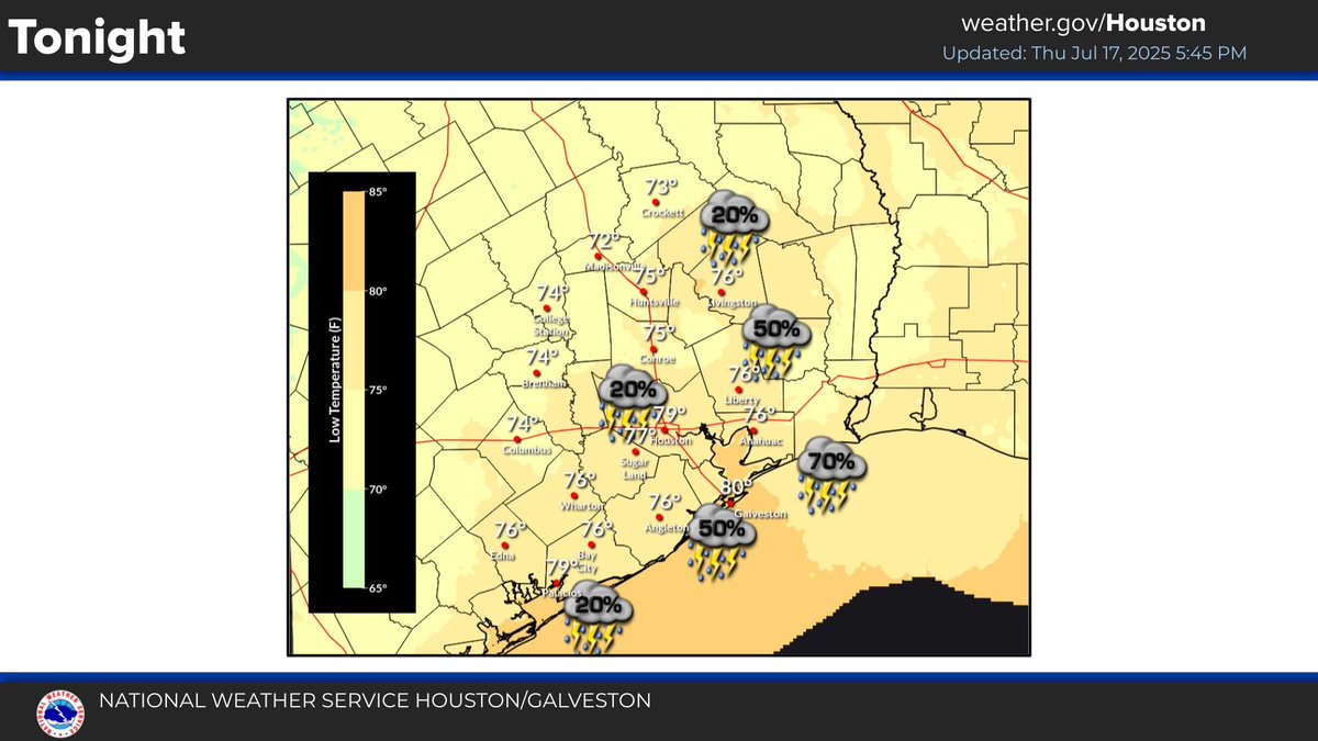 NWSHouston's tweet image. Updated forecast for SE Texas. Warm weather continues tonight with rain chances rising as we head into Friday. #TXwx #HOUwx