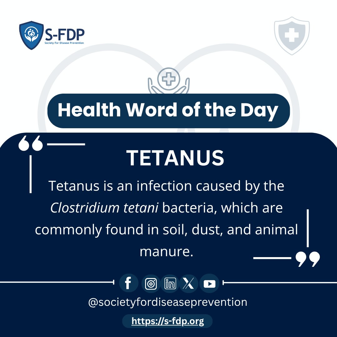 disease_society's tweet image. #Tetanus is a severe infection caused by a cut or injury, especially from rusty objects. The bacteria produce a toxin that causes painful muscle stiffness and spasms.
To prevent tetanus, clean your wounds properly and stay up to date with your tetanus vaccine.
#HealthTips