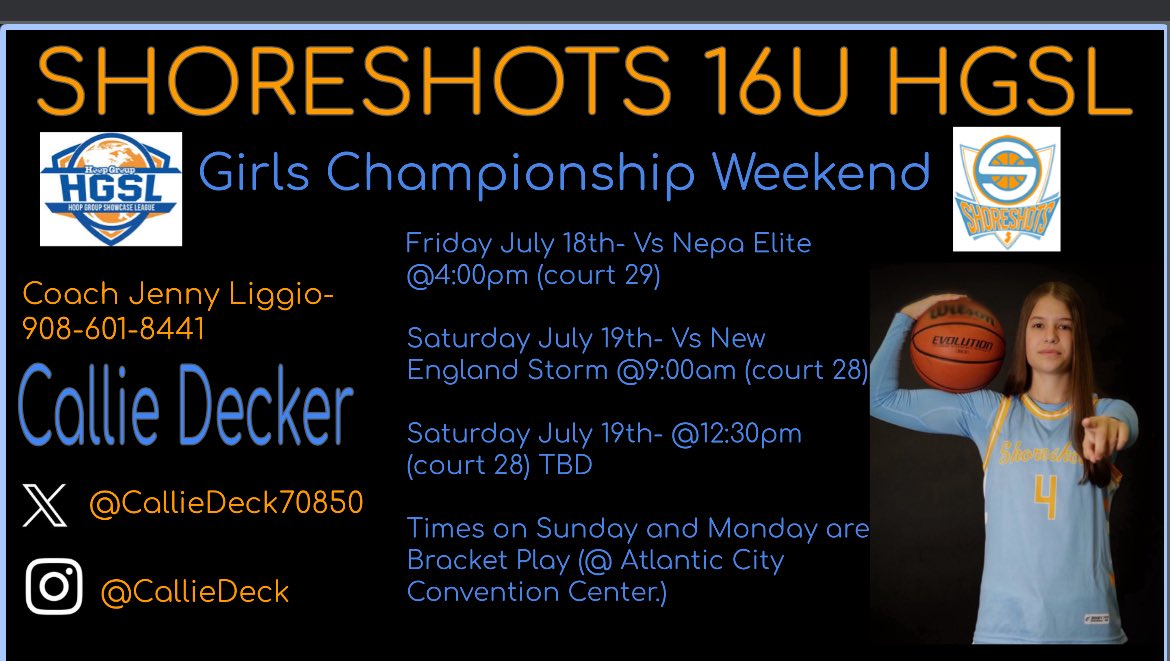Callie Decker (@calliedeck70850) on Twitter photo Last one Best one! Here is my Schedule for Championship Weekend in Atlantic City! Coaches come check us out! <a href="/TinyGreenNBS/">Coach Tiny Green</a> <a href="/ShoreshotsGirls/">NJ Shoreshots Girls- HGSL</a> <a href="/NJShoreshots27/">NJ Shoreshots 2027 HGSL</a> <a href="/JennyLiggio/">Jenny Liggio</a> <a href="/SRHSGIRLSBB/">St. Rose Girls Basketball 🏀</a> Last one Best one! Here is my Schedule for Championship Weekend in Atlantic City! Coaches come check us out! <a href="/TinyGreenNBS/">Coach Tiny Green</a> <a href="/ShoreshotsGirls/">NJ Shoreshots Girls- HGSL</a> <a href="/NJShoreshots27/">NJ Shoreshots 2027 HGSL</a> <a href="/JennyLiggio/">Jenny Liggio</a> <a href="/SRHSGIRLSBB/">St. Rose Girls Basketball 🏀</a>
