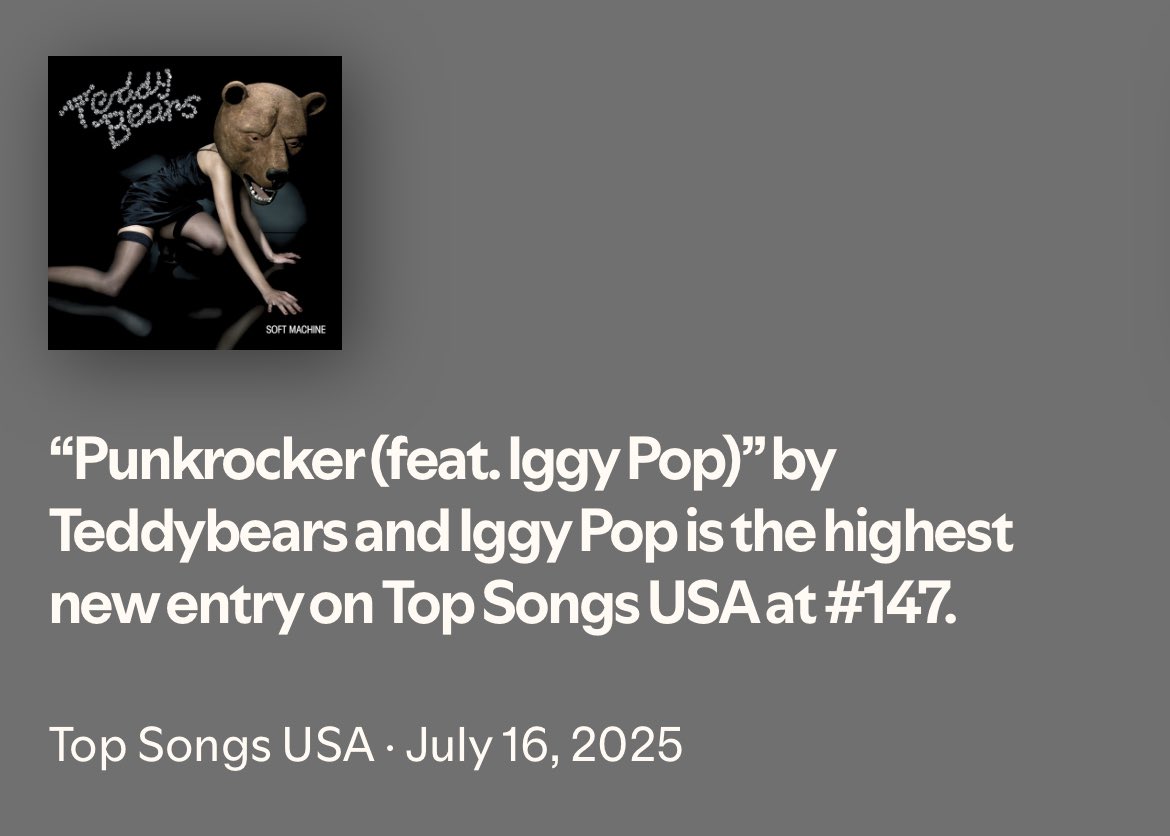 SwedenCharts's tweet image. 🇸🇪 | “Punkrocker” by Teddybears debuts at 147th on the USA Spotify Chart.