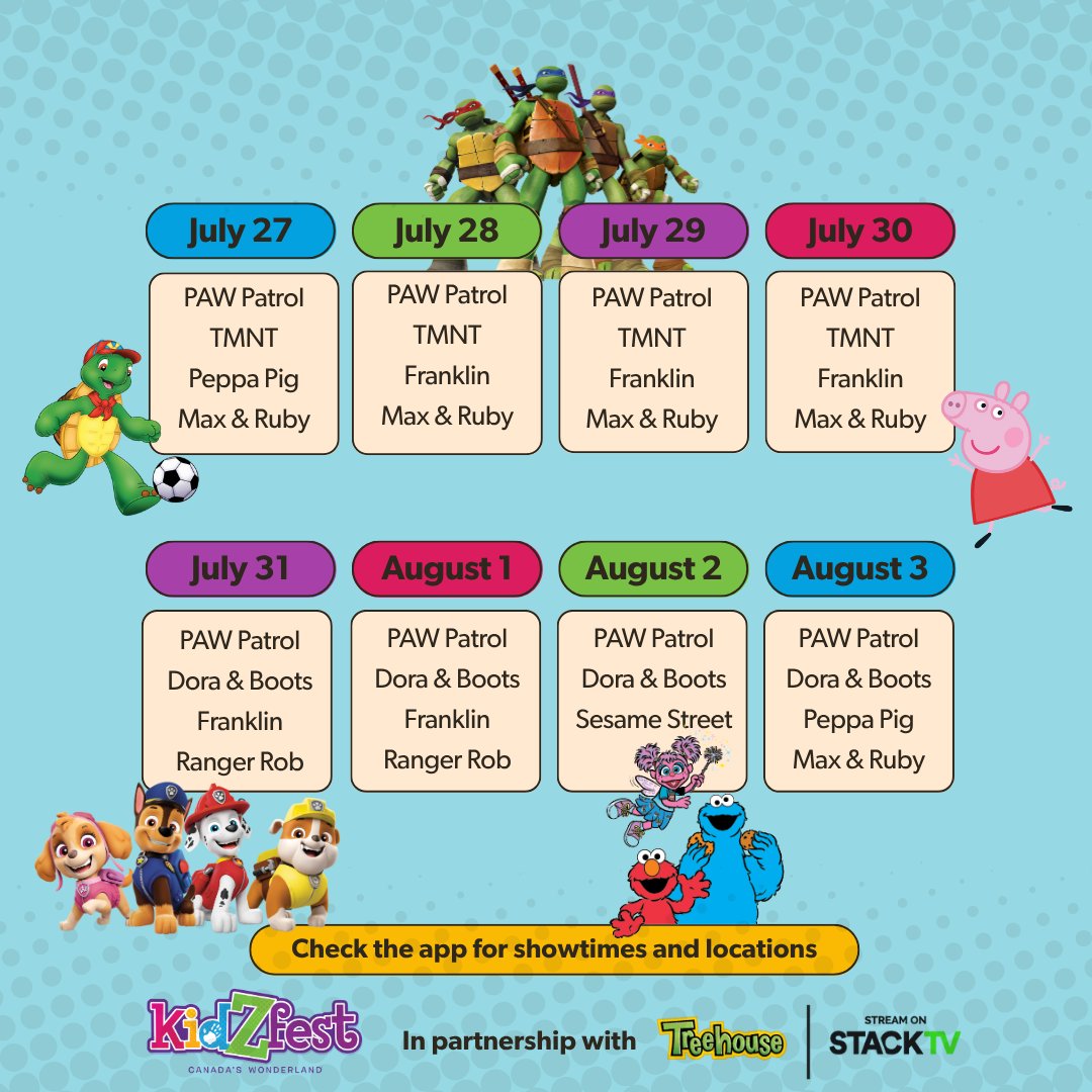 KidZfest is back starting this Saturday, July 19! 🔅 

Get ready for a summer of smiles with meet &amp; greets where kids can snap photos and share high-fives with all their favourite characters. 📸 

Check out the schedule in our app! 

*Times subject to change.