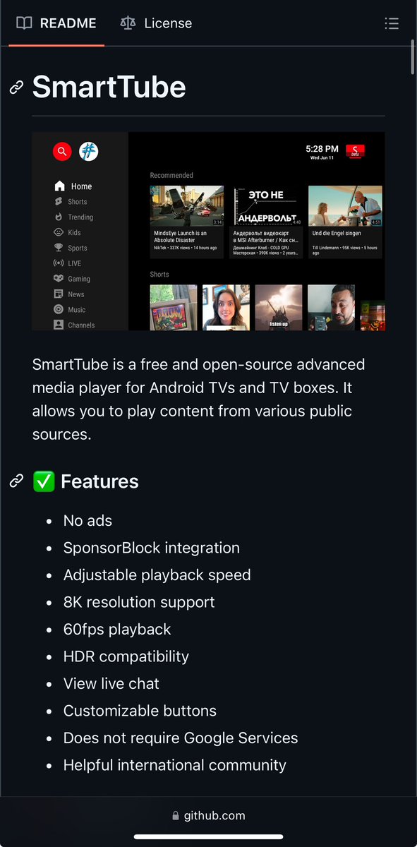 SmartTube بديل اليوتيوب العادي أعتبره أفضل برنامج بالعالم + مفتوح المصدر + للتلفزيونات التي بنظام Android TV أو قطع TV Box

github.com/yuliskov/Smart…

لو عندك تطبيق Downloader على التلفزيون اكتب بالبحث 28544 و راح يتحمل معاك :) أسهل من إنك تحمله APK من القيت هب