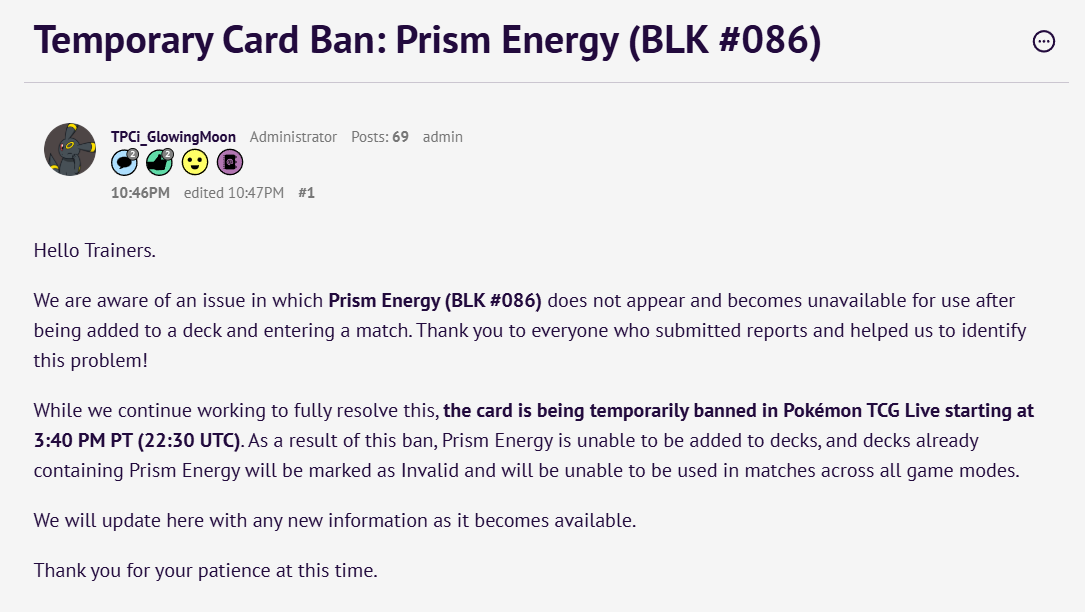 TrustYourPilot1's tweet image. Prism Energy is now banned in Pokemon TCG Live.
Sorry to everybody who wanted to play Reshiram in Ho-Oh today.