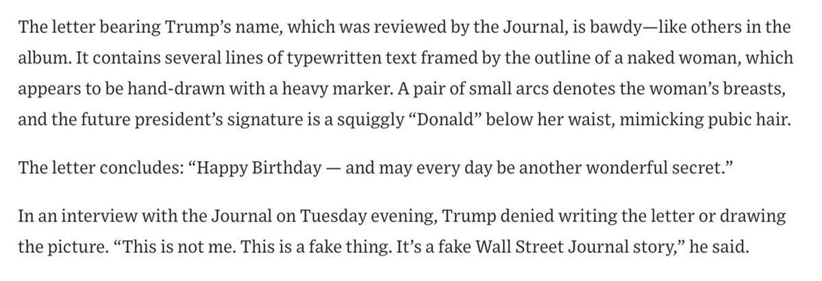 evanhill's tweet image. Content of Trump's letter to Epstein on Epstein's 50th birthday, per the WSJ