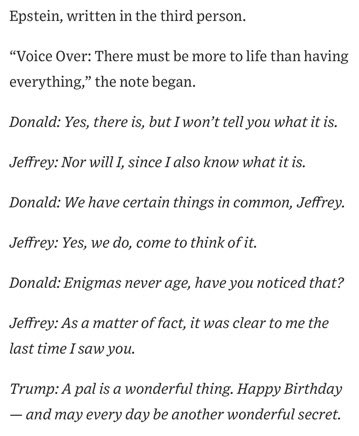 evanhill's tweet image. Content of Trump's letter to Epstein on Epstein's 50th birthday, per the WSJ