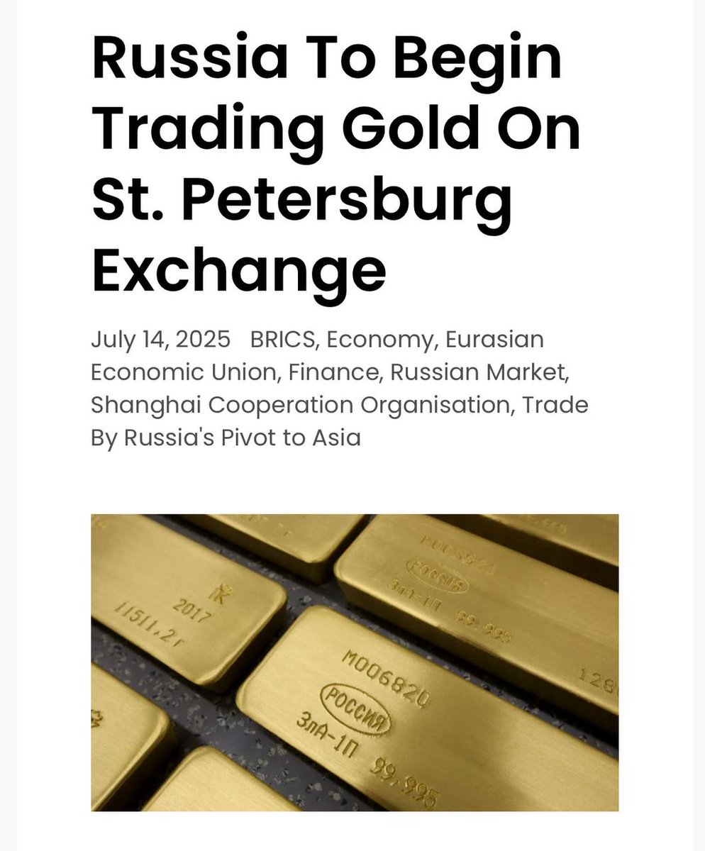 ivan_8848's tweet image. ‼️THIS IS MASSIVE - Russian Gold Breaks Free from London‼️

Russia is about to launch its own gold trading platform, completely independent of the London Stock Exchange and the LBMA — effectively severing its gold pricing from the Western financial cartel. This is a direct shot…