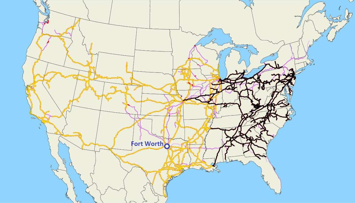 TheTexanRhino's tweet image. Here is a sketch of what a potential Union Pacific (yellow) and Norfolk Southern (black) merger could look like. This is just a sketch, but a hypothetical NS and UP merger would create the first coast-to-coast Class 1 railroad in American history.