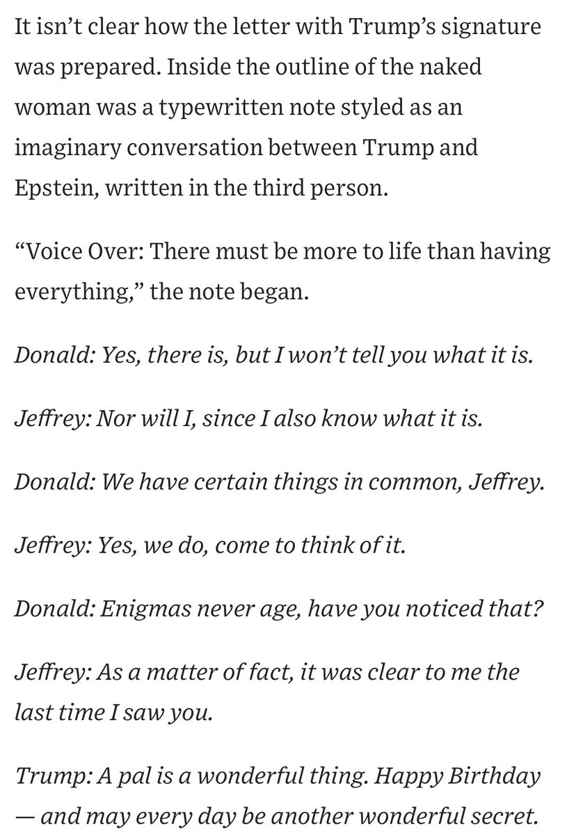 BrandyZadrozny's tweet image. Oh my this is gonna be catnip for internet conspiracy theorists. Actually… not just them.
“Trump: A pal is a wonderful thing. Happy Birthday — and may every day be another wonderful secret”
wsj.com/politics/trump…