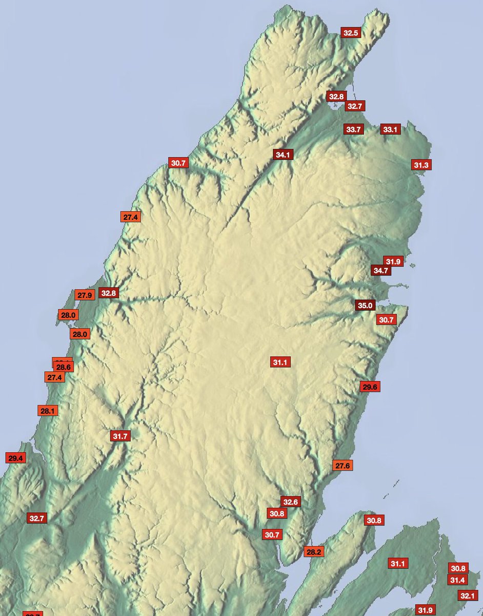 Yet another very hot day in Cape Breton! Maximum temperatures:

35.0°C South Ingonish Harbour
34.7°C Ingonish
34.2°C Ingonish Beach (XIB)
34.1°C Big Intervale
33.7°C South Harbour

31.1°C Moose Lake (elev. 450 meters)

#nswx