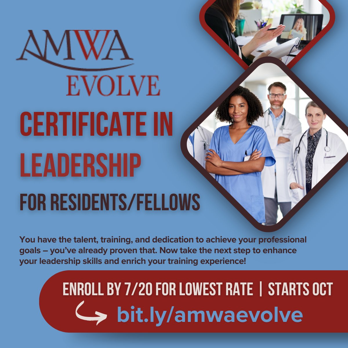 AMWADoctors's tweet image. AMWA EVOLVE: Empowering Women Physician Leaders
Act Fast! @amwa_students Early registration rate ends July 20th.
Ready to lead change in medicine? AMWA EVOLVE is a leadership program that offers coaching, mentorship, and advocacy training to help you grow into the leader you're…
