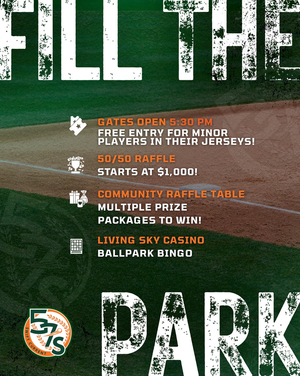 swiftcurrent57s's tweet image. NEW DATE‼️
Fill the Park Night - Tuesday, July 22!
We’re inviting the whole community to come together for a fun night at Mitchell Field!
🎟️Get your tickets online or at the gate.
➡️Gates open at 5:30 PM
