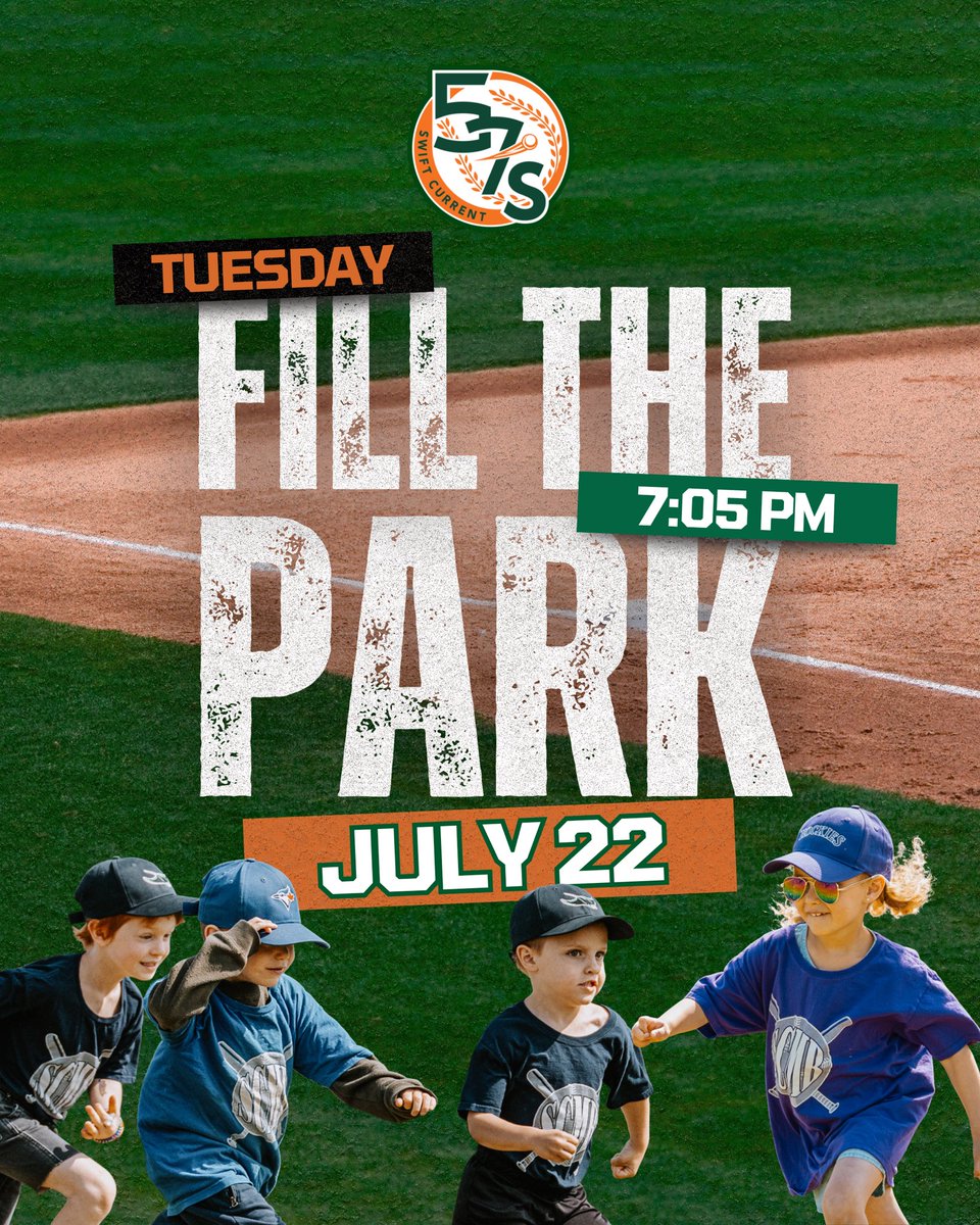 swiftcurrent57s's tweet image. NEW DATE‼️
Fill the Park Night - Tuesday, July 22!
We’re inviting the whole community to come together for a fun night at Mitchell Field!
🎟️Get your tickets online or at the gate.
➡️Gates open at 5:30 PM
