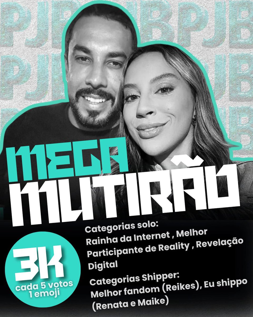 🚨 MUTIRÃO PJB – feat QGs
🚨

🗳️ A cada 5 votos deposite um emoji aqui.

⏰ ENCERRA ÀS 22:00hrs !

🚨 Votem bastante em todas as categorias em que a Renata e o Maike estão indicados.

🎯 META: 3k comentários 

🔗 band.com.br/entretenimento…