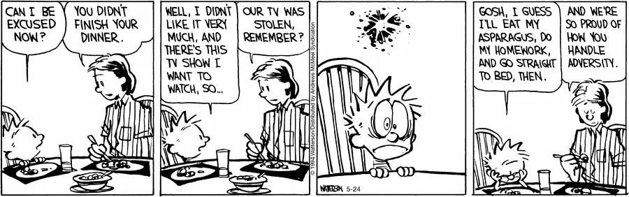 Calvinn_Hobbes's tweet image. When your TV’s gone and suddenly asparagus seems… bearable.
Calvin’s survival instincts kick in fast.
#CalvinandHobbes #DinnerNegotiations