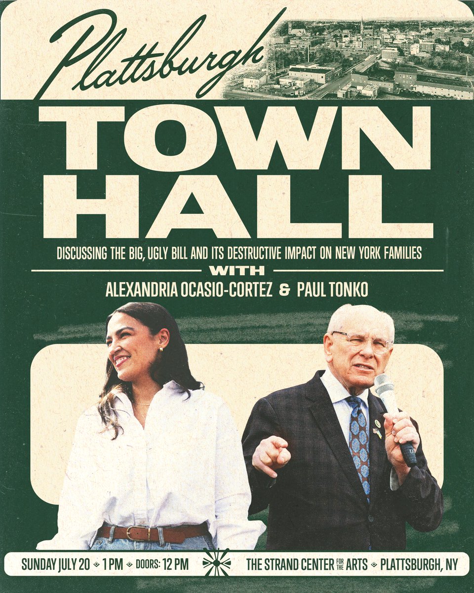 TeamAOC's tweet image. Across Elise Stefanik's district, over 32,000 people will lose their health care because of her vote for the Big, Ugly Bill.
On Sunday, @AOC and @PaulTonko will speak with New Yorkers in Plattsburgh who will be impacted by Stefanik's vote.
Join us: mobilize.us/ocasiocortez/e…