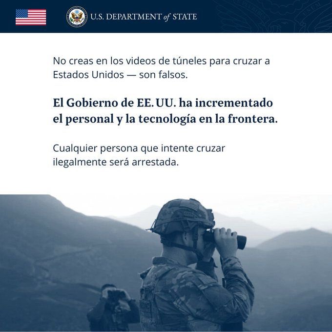 usembassyguate's tweet image. Circulan videos en redes sociales de supuestos túneles hacia EE.UU. ¡Son vídeos falsos! Fueron creados por coyotes que solo quieren robar tu dinero, sin importar si sobrevives. EE.UU. ha incrementado tecnología de vigilancia avanzada para detener a quienes intenten cruzar la…