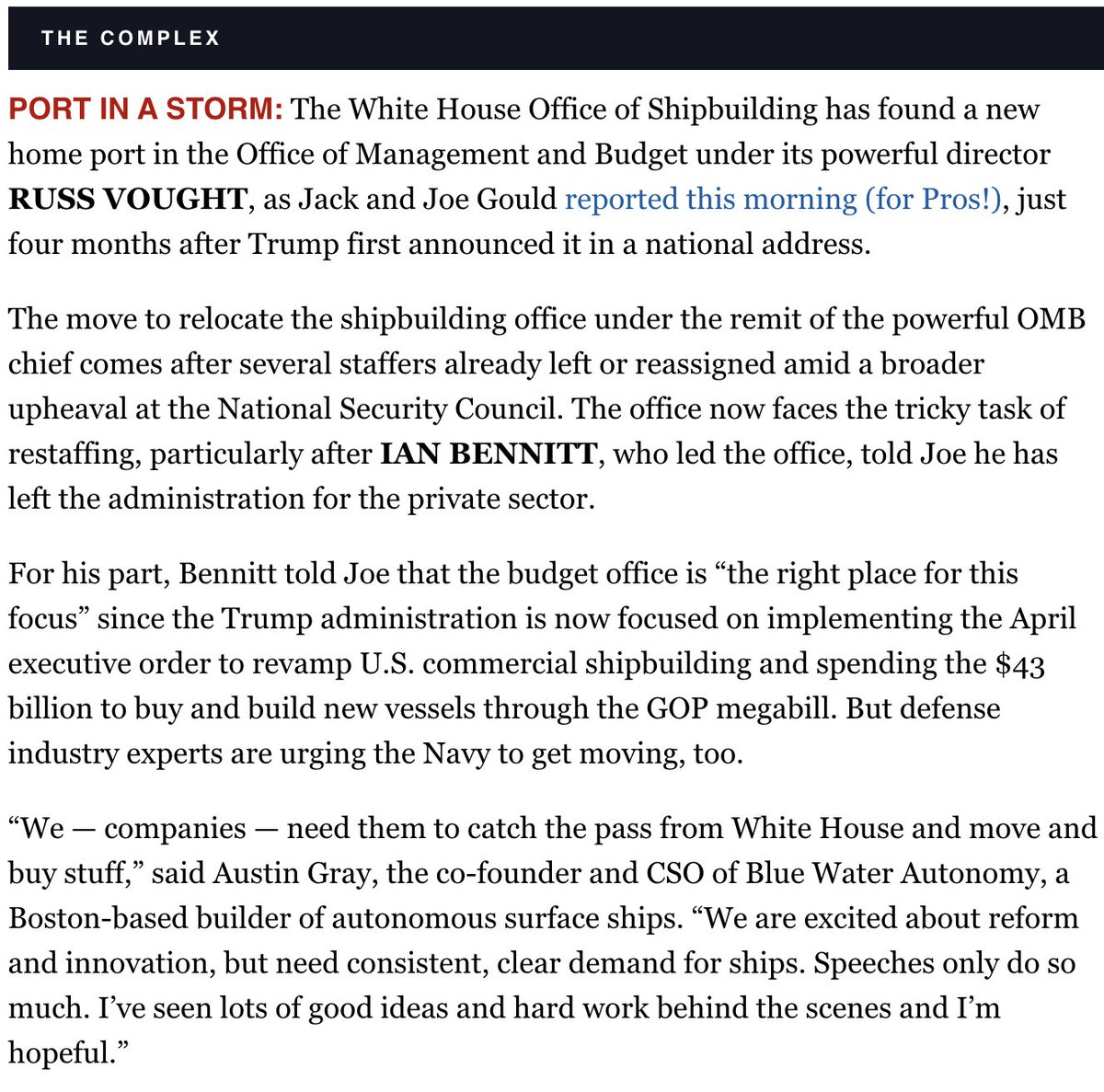 AustinEGray's tweet image. Coverage this week of the shipbuilding space deserves some commentary. Here's mine:
1⃣ Final departures of White House / NSC shipbuilding folks drove negative coverage (and triggered @johnkonrad)
2⃣ Potential shakeup of Navy acquisitions drove Politico story that could have…