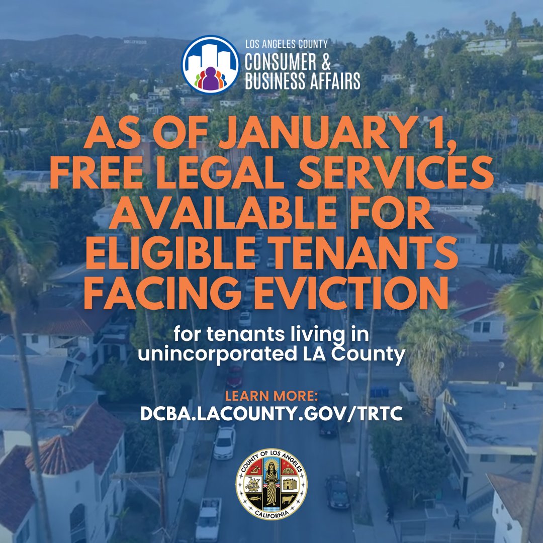 LACDevAuthority's tweet image. Calling all LA County tenants! Did you know you might qualify for FREE legal assistance through the Tenant Right to Counsel Program? Launched on 1/1/25, this Program is here to help protect your rights as a renter. Visit dcba.lacounty.gov/trtc to learn more & see if you qualify.