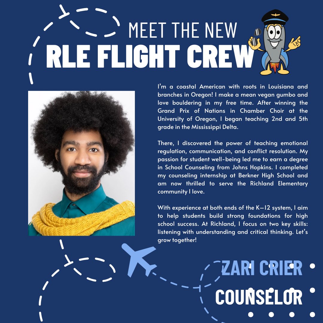 Please welcome our next RLE Flight Crew member… Mr. Zari Crier! 🚀 He’s joining us as our new school counselor, and we are thrilled to have his heart, wisdom, and support on campus for our students and families! 💙 Mr. Crier is ready to help our Rockets grow, thrive, and soar