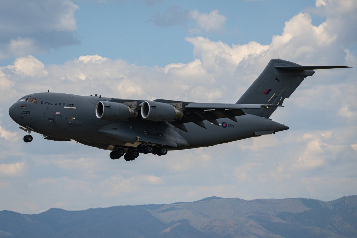 GDevorePhotos's tweet image. BKCAT01 (black cat), a C-17 Globemaster from the 99th Squadron of the Royal Air Force based out of RAF Brize Norton lands at Peterson SFB.