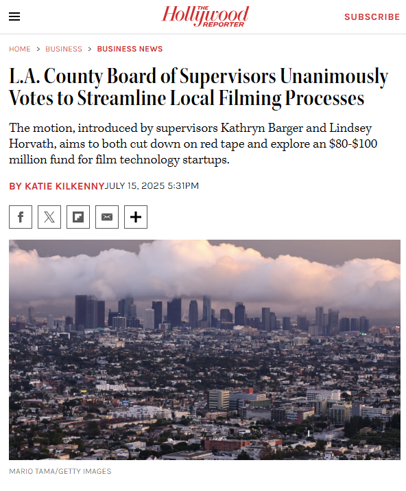 LindseyPHorvath's tweet image. This @thr headline is right -- we're making sure red tape isn't in the way of our hometown industry.
✅ Faster film permitting
✅ Lower costs
✅ Exploring new solutions to foster our best-in-the-world technical talent