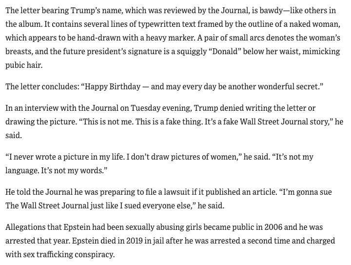 CollinRugg's tweet image. JUST IN: The Wall Street Journal releases an alleged letter from Donald Trump to Jeffrey Epstein for Epstein's 50th birthday.

President Trump says the letter "is a fake thing," and says he is going to sue the outlet.

The letter allegedly involved a hand-drawn woman with text…
